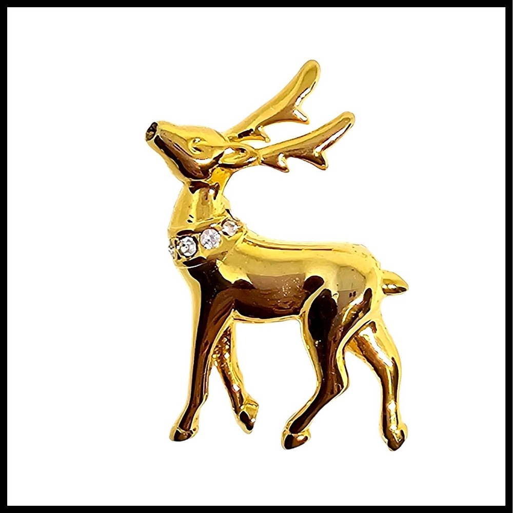 Vintage Christmas Reindeer Gold Tone Rhinestone Collar Brooch Pin Holiday